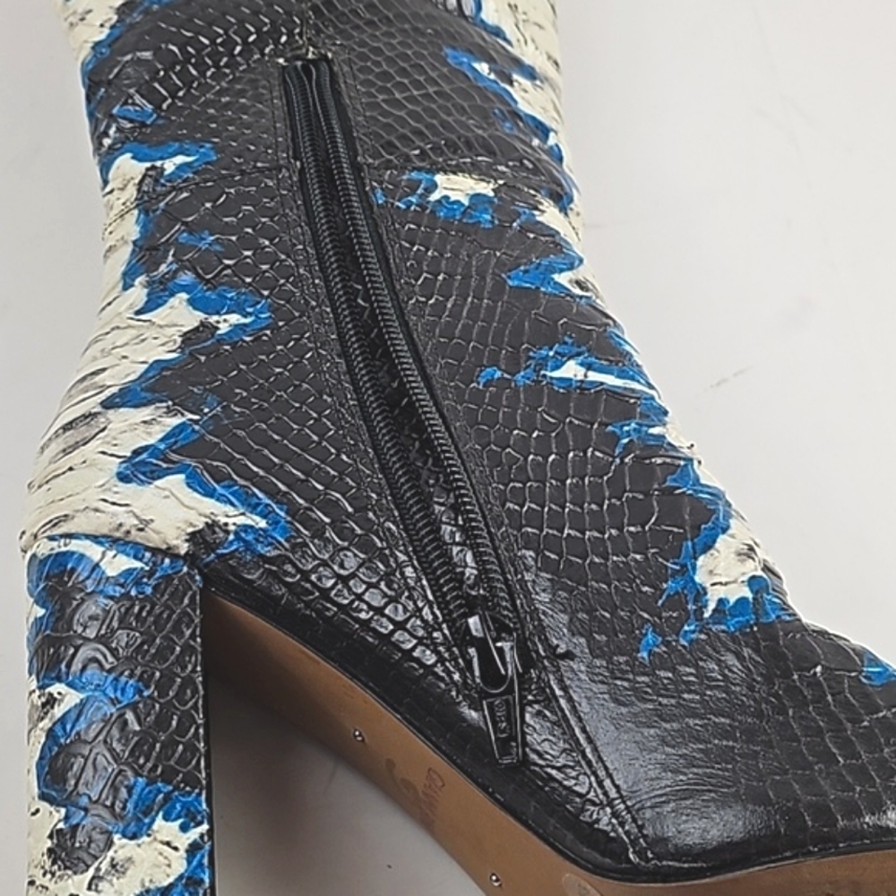 Gianni Bini Kellbie Leather Snakeskin Texture Black Cream Blue Heeled Tall Boot - Picture 14 of 16